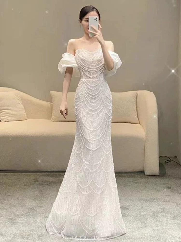 Modest Mermaid Off The Shoulder White Sequins Wedding Dress Styles Long Fairytale Wedding Dresses Ideas AU453