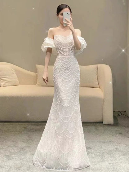 Modest Mermaid Off The Shoulder White Sequins Wedding Dress Styles Long Fairytale Wedding Dresses Ideas AU453