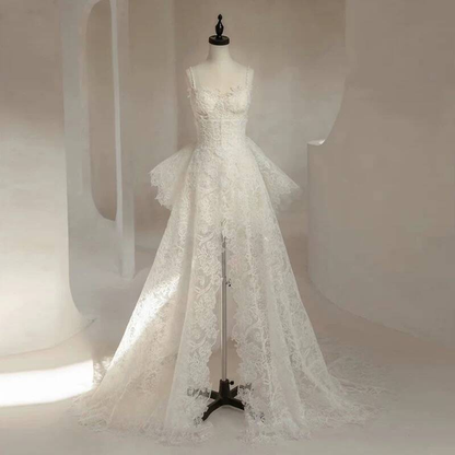 Robe de mariée blanche romantique à bretelles spaghetti en dentelle, robe de mariée de conte de fées, AU453