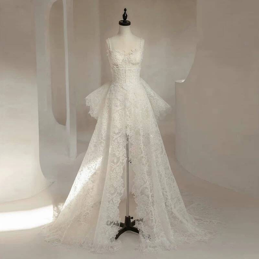 Romantic Sheath Spaghetti Straps Lace White Wedding Gown Fairytale Bride Gown Wedding Dresses AU453