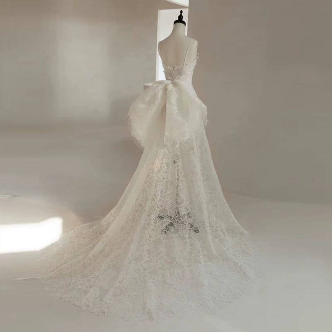 Robe de mariée blanche romantique à bretelles spaghetti en dentelle, robe de mariée de conte de fées, AU453