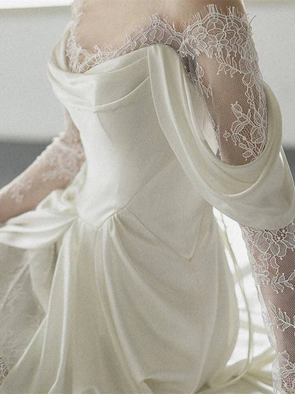 Robe de mariée sirène modeste en dentelle blanche à épaules dénudées, style conte de fées, AU456