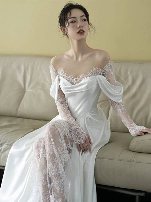 Robe de mariée sirène modeste en dentelle blanche à épaules dénudées, style conte de fées, AU456