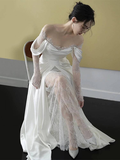 Robe de mariée sirène modeste en dentelle blanche à épaules dénudées, style conte de fées, AU456