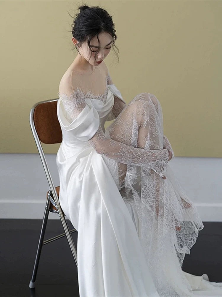 Robe de mariée sirène modeste en dentelle blanche à épaules dénudées, style conte de fées, AU456