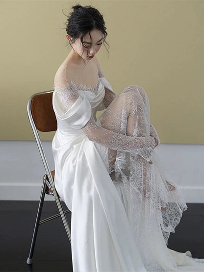 Robe de mariée sirène modeste en dentelle blanche à épaules dénudées, style conte de fées, AU456