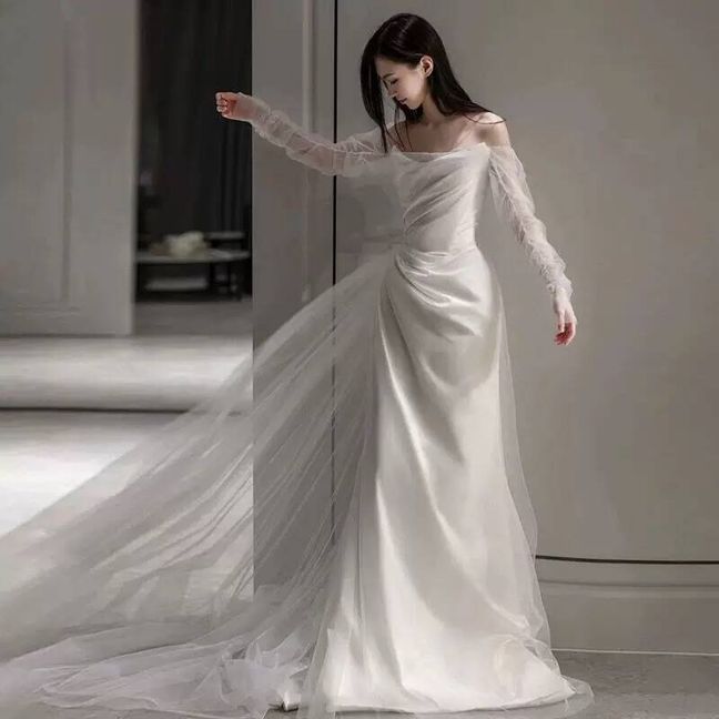 Vintage Mermaid Off The Shoulder Tulle White Wedding Gown Long Fairytale Brides Gown Wedding Dresses AU457
