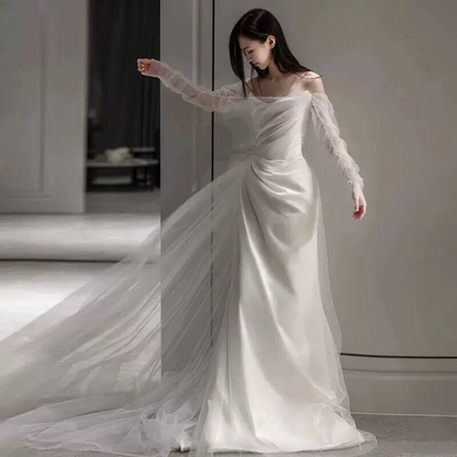 Vintage Mermaid Off The Shoulder Tulle White Wedding Gown Long Fairytale Brides Gown Wedding Dresses AU457