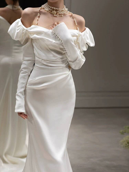 Robe de mariée sirène modeste en satin blanc à épaules dénudées, style conte de fées, AU460