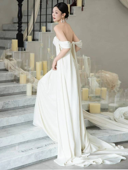 Modest Mermaid Off The Shoulder Ivory Satin Wedding Dress Styles Long Fairytale Wedding Dresses Ideas AU461