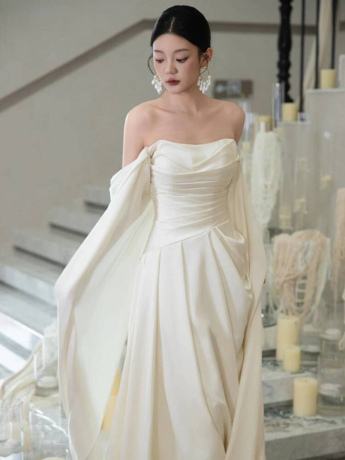 Modest Mermaid Off The Shoulder Ivory Satin Wedding Dress Styles Long Fairytale Wedding Dresses Ideas AU461