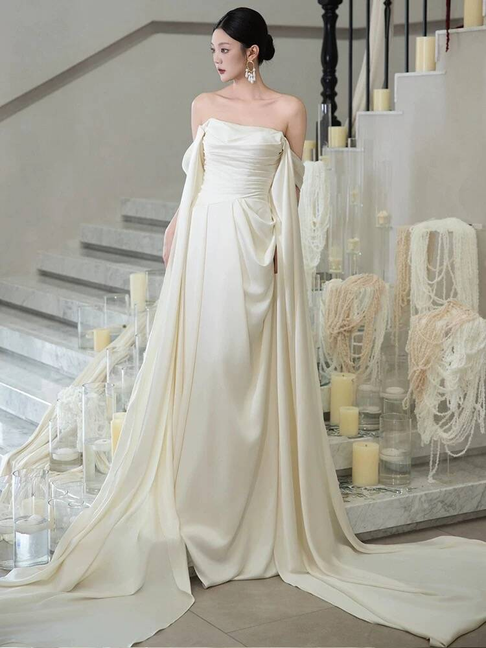 Modest Mermaid Off The Shoulder Ivory Satin Wedding Dress Styles Long Fairytale Wedding Dresses Ideas AU461