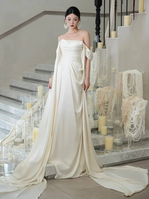 Modest Mermaid Off The Shoulder Ivory Satin Wedding Dress Styles Long Fairytale Wedding Dresses Ideas AU461