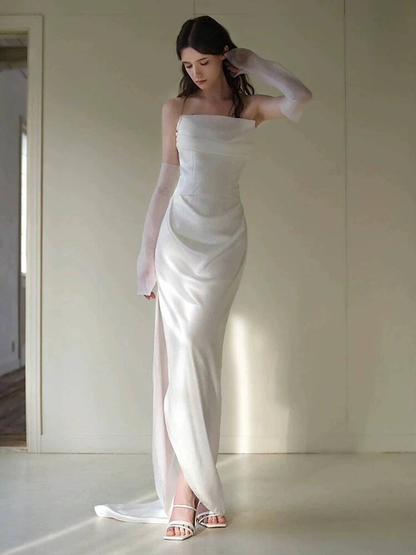 Romantic Sheath Strapless Satin White Wedding Gown Fairytale Bride Gown Wedding Dresses AU462