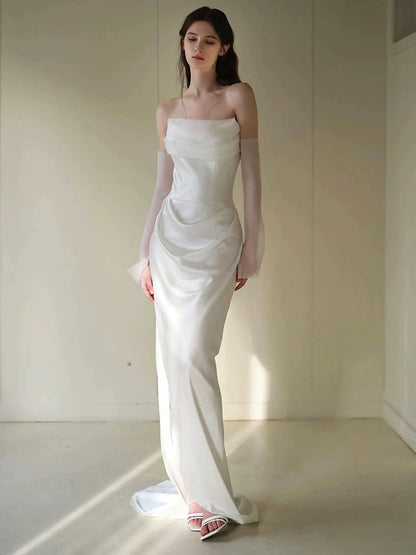 Romantic Sheath Strapless Satin White Wedding Gown Fairytale Bride Gown Wedding Dresses AU462