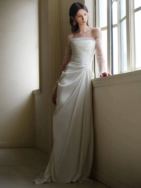 Simple Sheath Strapless Satin White Wedding Gown Fairytale Bride Gown Wedding Dresses AU463