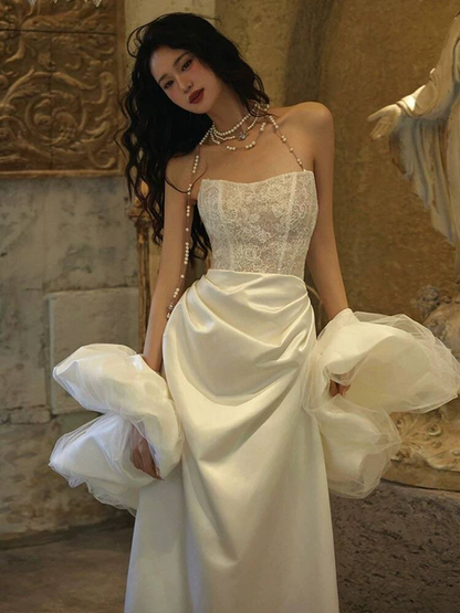 Elegant Sheath Strapless Satin White Lace Wedding Gown Fairytale Bride Gown Wedding Dresses AU464