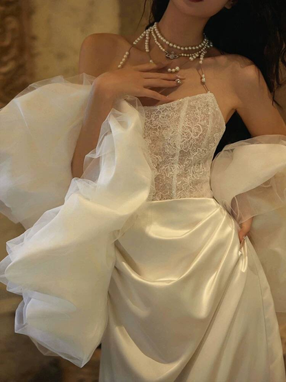 Elegant Sheath Strapless Satin White Lace Wedding Gown Fairytale Bride Gown Wedding Dresses AU464