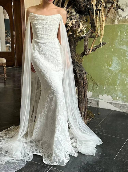Elegant Sheath Strapless Satin White Lace Wedding Gown Fairy Bride Gown Wedding Dresses AU465