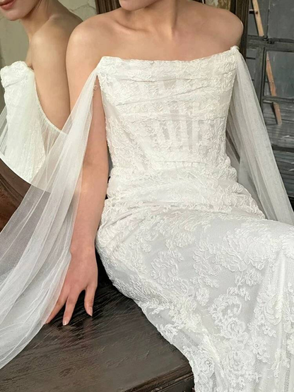 Elegant Sheath Strapless Satin White Lace Wedding Gown Fairy Bride Gown Wedding Dresses AU465