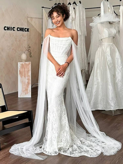 Elegant Sheath Strapless Satin White Lace Wedding Gown Fairy Bride Gown Wedding Dresses AU465