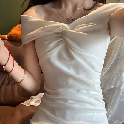 Simple Sheath Off The Shoulder White Satin Wedding Dress Fairytale Bride Gowns Wedding Gown AU466