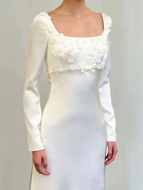 Vintage Sheath Square Neck White Satin Wedding Dress Bride Gown Fairytale Wedding Dresses AU467