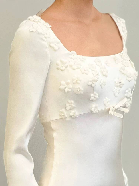 Vintage Sheath Square Neck White Satin Wedding Dress Bride Gown Fairytale Wedding Dresses AU467