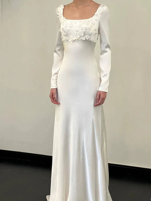 Vintage Sheath Square Neck White Satin Wedding Dress Bride Gown Fairytale Wedding Dresses AU467