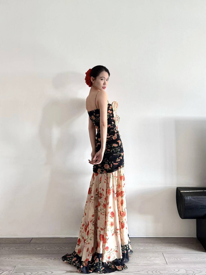 Vintage Mermaid Spaghetti Straps Floral Long Prom Dresses Party Dress 16th Birthday Outfits Senior Graduation Dress AU472