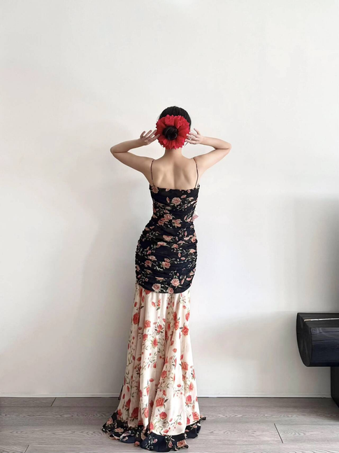 Vintage Mermaid Spaghetti Straps Floral Long Prom Dresses Party Dress 16th Birthday Outfits Senior Graduation Dress AU472