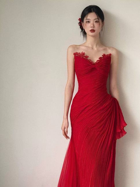 Robe de bal sirène en tulle rouge, jolie robe longue de soirée, tenue d'anniversaire pour 23 ans, robe de remise de diplôme, AU473