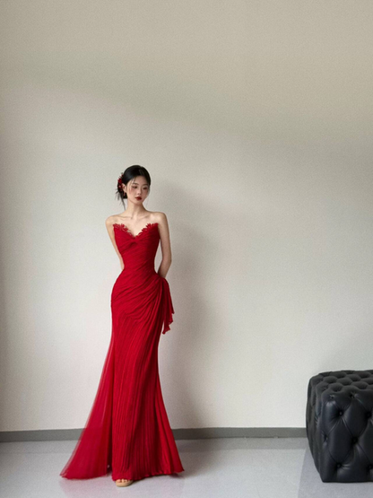 Robe de bal sirène en tulle rouge, jolie robe longue de soirée, tenue d'anniversaire pour 23 ans, robe de remise de diplôme, AU473