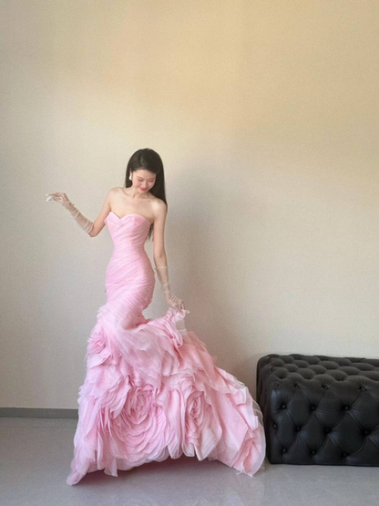 Robe de bal sirène en tulle rose, jolie robe longue de soirée, tenue d'anniversaire pour 22 ans, robe de remise de diplôme, AU474