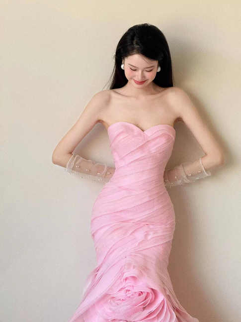 Robe de bal sirène en tulle rose, jolie robe longue de soirée, tenue d'anniversaire pour 22 ans, robe de remise de diplôme, AU474
