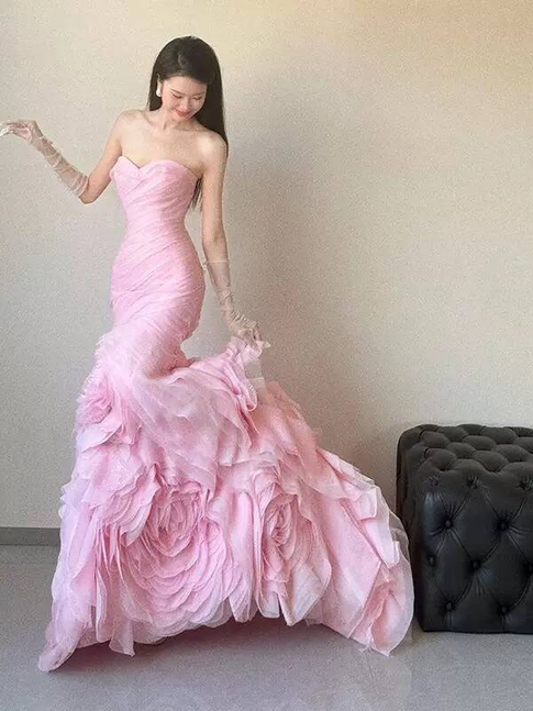 Robe de bal sirène en tulle rose, jolie robe longue de soirée, tenue d'anniversaire pour 22 ans, robe de remise de diplôme, AU474