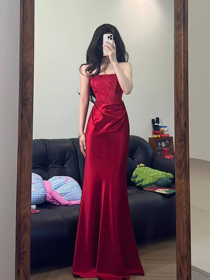 Sexy Mermaid Strapless Burgundy Satin Long Prom Dresses Inspiration Prom Dress Senior Graduation Dress AU475