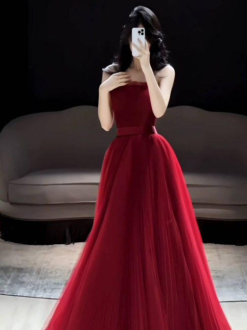Classy A line Strapless Burgundy Tulle Long Prom Dresses Inspiration Prom Dress Senior Graduation Dress AU478