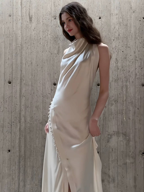Robe de mariée vintage en satin à col montant et gaine, tenue de mariage de conte de fées, AU479