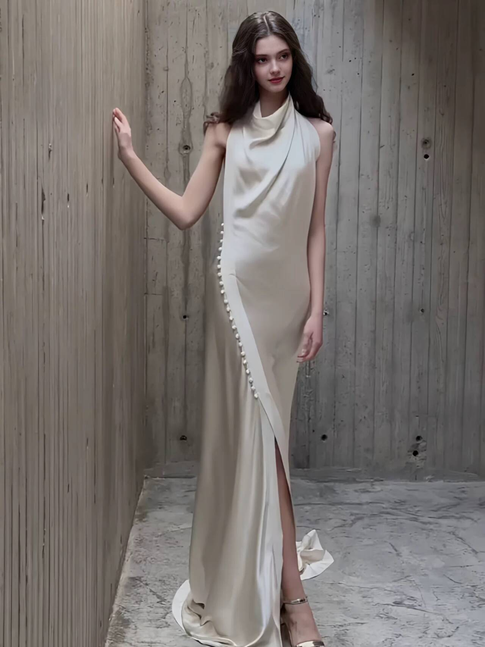 Robe de mariée vintage en satin à col montant et gaine, tenue de mariage de conte de fées, AU479