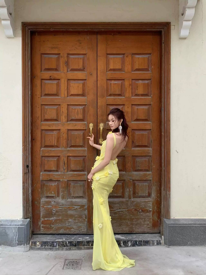 Robe de bal élégante en satin et dentelle jaune, style sirène, col rond, tenue de soirée pour 16e anniversaire, robe de remise de diplôme, AU481