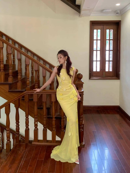 Robe de bal élégante en satin et dentelle jaune, style sirène, col rond, tenue de soirée pour 16e anniversaire, robe de remise de diplôme, AU481