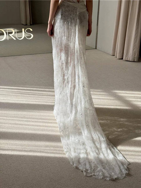 Robe de mariée blanche en dentelle style sirène vintage, longue, style conte de fées, AU483