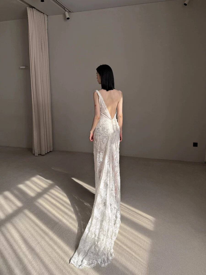 Robe de mariée blanche en dentelle style sirène vintage, longue, style conte de fées, AU483