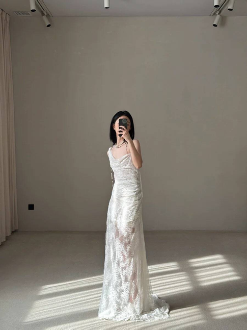 Robe de mariée blanche en dentelle style sirène vintage, longue, style conte de fées, AU483