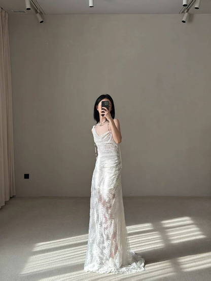 Robe de mariée blanche en dentelle style sirène vintage, longue, style conte de fées, AU483