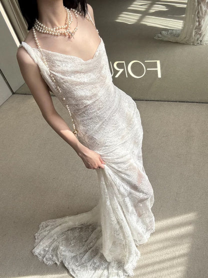 Robe de mariée blanche en dentelle style sirène vintage, longue, style conte de fées, AU483
