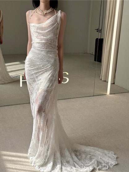 Robe de mariée blanche en dentelle style sirène vintage, longue, style conte de fées, AU483
