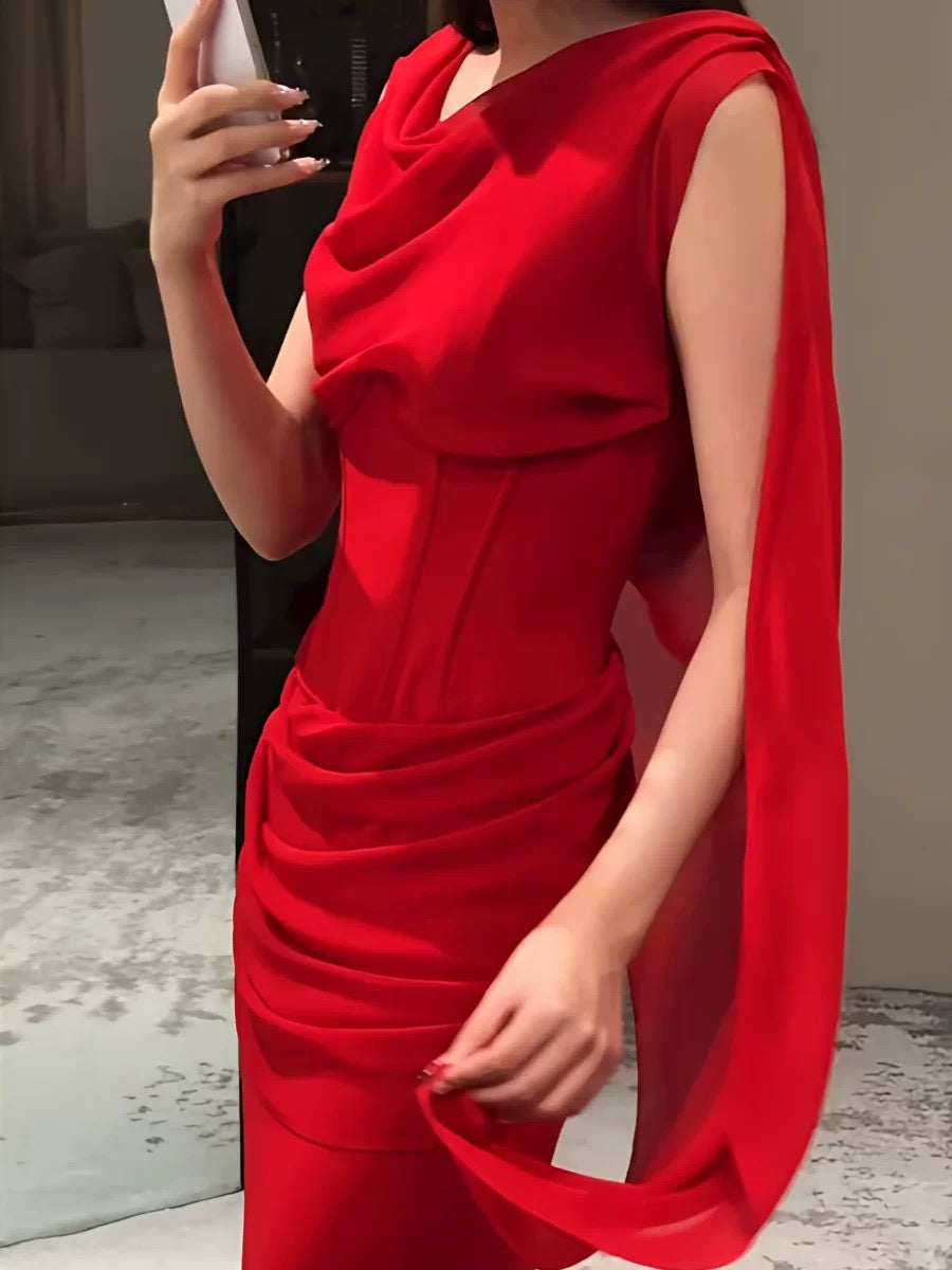 Classy Mermaid Cowl Neck Red Chiffon Long Prom Dresses Inspiration Prom Dress Senior Graduation Dress AU487