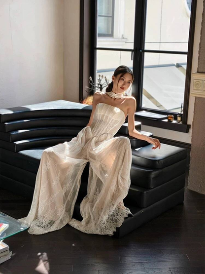 Robe de mariée vintage en dentelle blanche, coupe trapèze, sans bretelles, style conte de fées, AU488